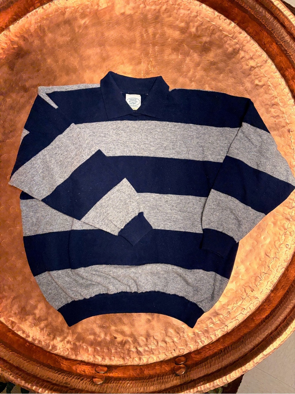 Laura Ashley Navy and Gray Striped Collared Crewneck Sweater